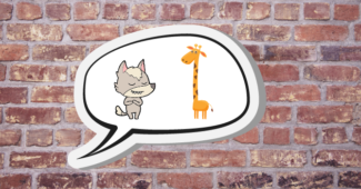 Wolf und Giraffe unterhalten sich in Sprechblase
